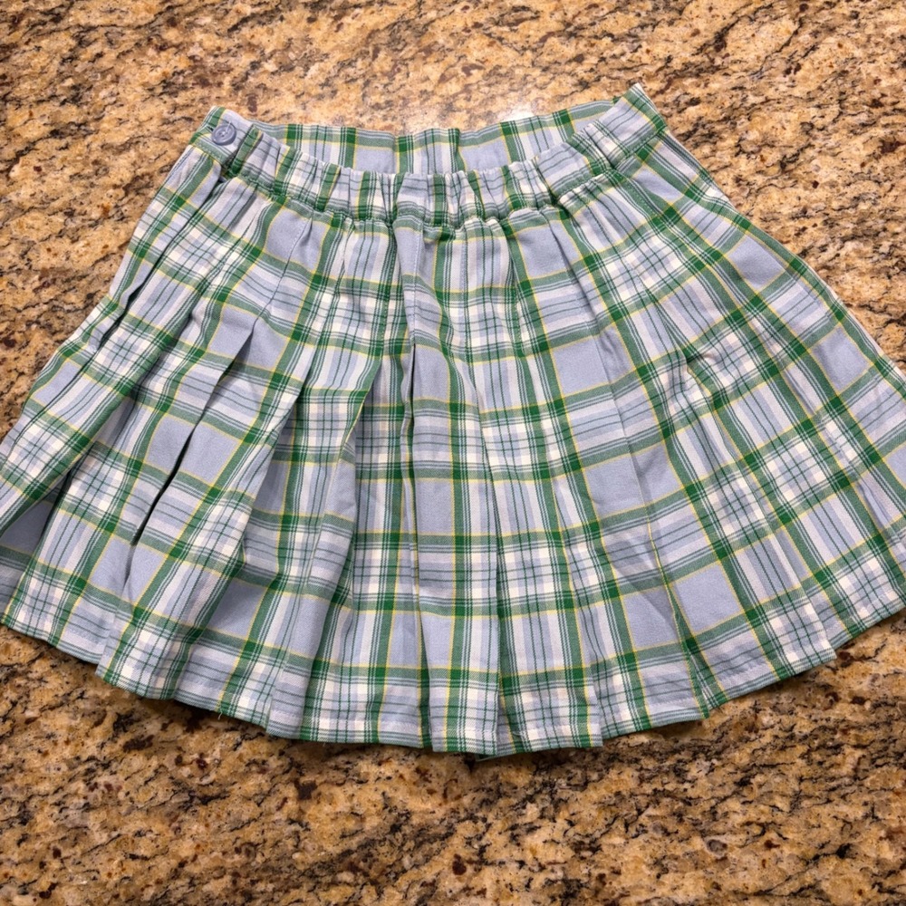 Aerie Blue Green Plaid Pleated Mini Skirt Medium Preppy Schoolgirl Elastic Waist - Picture 3 of 5